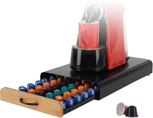 Flagship Coffee Pod Holder for Nespresso Originalline Capsule Holder Drawer Pod Storage Drawer 60 Capacity, Black Metal & Bamboo Coffee Drawer