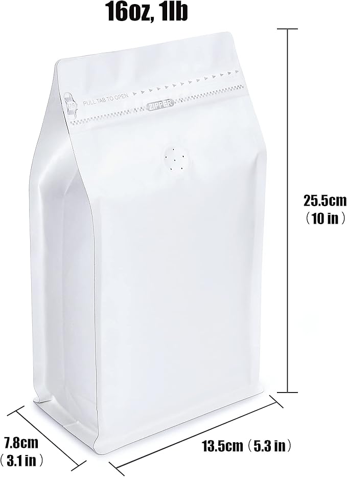White Kraft Paper Stand Up Coffee Bag/Flat Bottom Coffee Pouch with One Way Degassing Valve and Reusable Side Zipper(Pull Tab to Open) (16oz, 1lb, 50 Pieces)