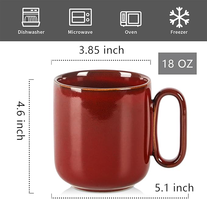 vicrays Ceramic Coffee Mug Set - 18 Ounce Large Stoneware Mug for Men Women - Unique Glazed Porcelain Mugs with Handle for Coffee Latte Tea Milk Cocoa - Set of 4 (Cherry Red)
