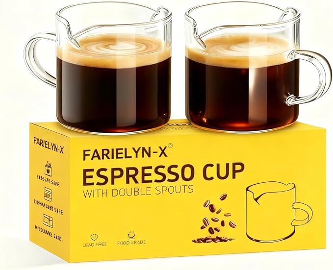 5 OZ Espresso Cups Set of 2, Double Spouts Cups, Shot Glasses, Milk Cup with Handle, Clear Glass, Espresso Accessories for Making Coffee Desserts Salad Dressing Machine (1 ounce more than others )