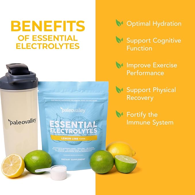 Paleovalley Essential Electrolytes Powder - Full Spectrum Lemon Lime Electrolyte Powder for Hydration, Energy and Muscle Recovery - No Sugar Added - 30 Servings