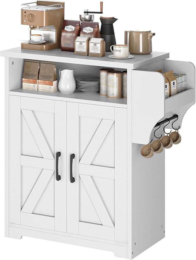 Coffee Bar Cabinet, Kitchen Island with Storage, Farmhouse Sideboard Buffet Cabinet with Dual-Purpose Floating Shelf and Hooks, for Kitchen, Restaurant, Living Room, White KF22WT