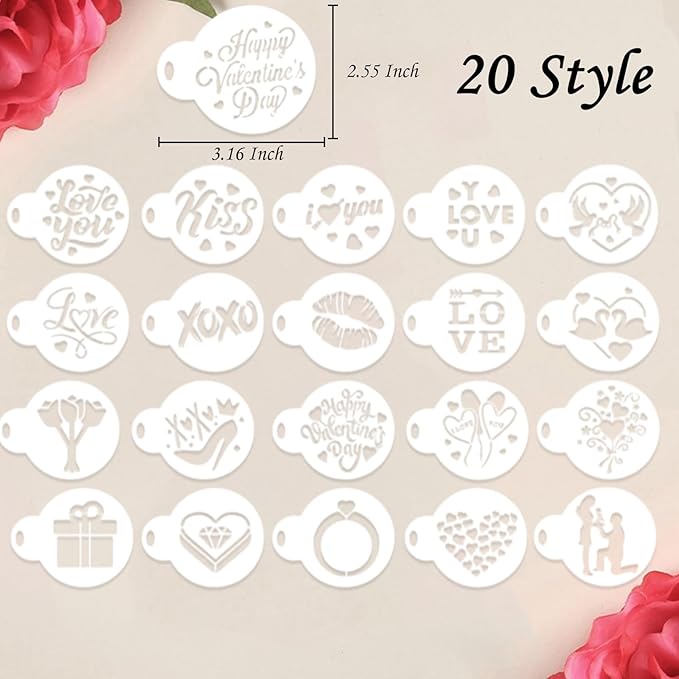20 Pcs Valentine's Day Cookie Stencils Reusable Cake Coffee Decorating Stencils Templates Mold Tools for Cake Cookie Dessert Buttercream Painting Coffee Decoration DIY Valentines Party Decor