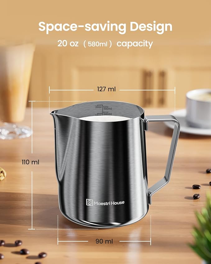 Milk Frothing Pitcher, 20oz Espresso Steaming Pitcher Milk Frother Cup, Milk Coffee Cappuccino Latte Art, 304 Stainless Steel Jug Cup with Decorating Art Pen
