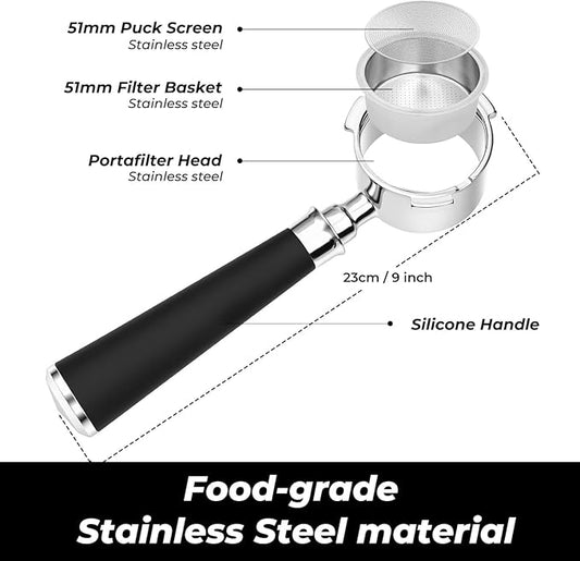 51mm Bottomless Portafilter 3 Ears Fits for Delonghi Dedica EC680/EC685/EC885 and SMEG, Espresso Accessories Kit includes Puck Screen, WDT Tool, Espresso Dosing Funnel, Double Shot Filter Basket