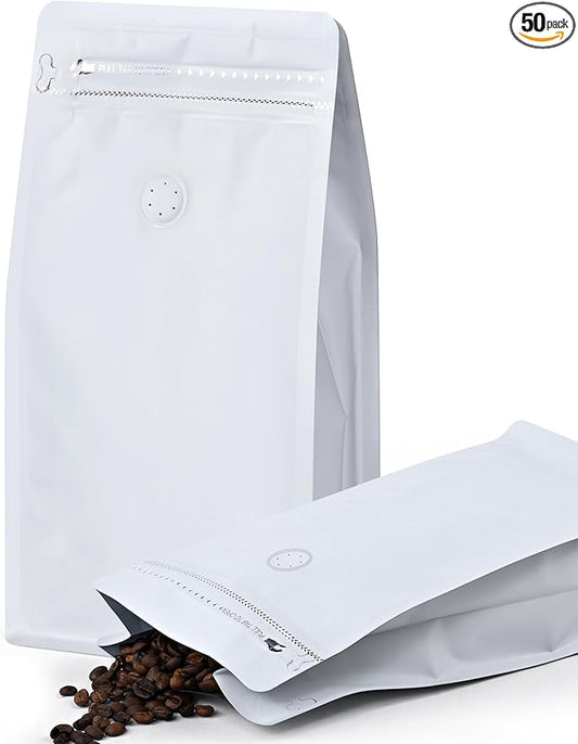 FireKylin 50 PCS Coffee Bags with Valve, (16 oz, 1 lb) Stand Up Pouches, Resealable Vented Food Storage Bags Side Zipper(White)