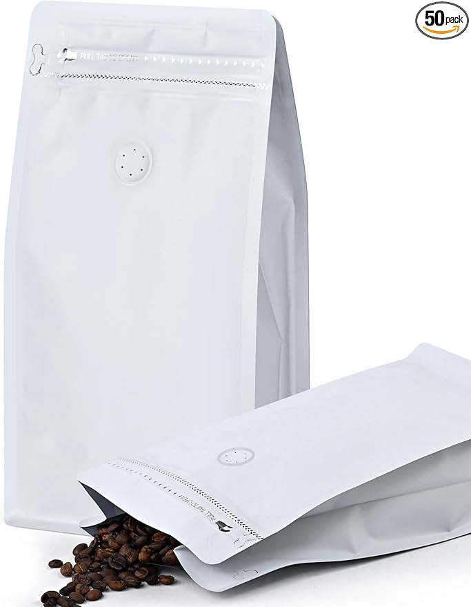 FireKylin 50 PCS Coffee Bags with Valve, (8 oz, 0.5 lb) Stand Up Pouches, Resealable Vented Food Storage Bags Side Zipper(White)