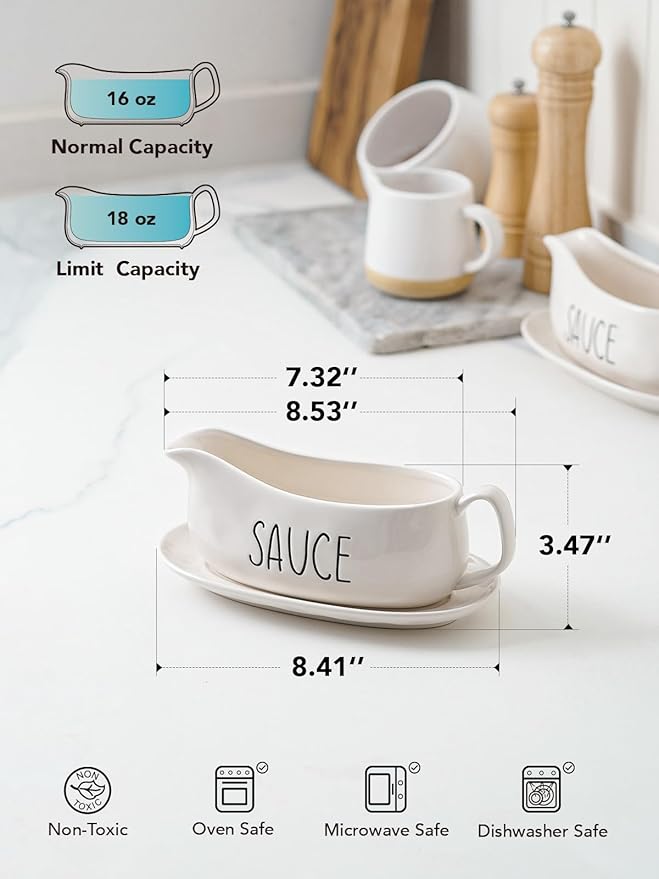 LE TAUCI Gravy Boat with Saucer Stand 16oz, Ceramic Sauce Boat with Tray for Salad Dressings, Creamer, Broth, Black Pepper- Set of 2, Oyster White