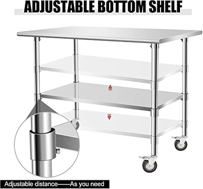 Stainless Steel Table - Metal Table Cart - Commercial Workbench with Caster Wheel - NSF Certified - for Restaurant, Warehouse, Home, Kitchen, Garage,48''x30''