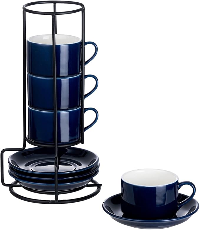 Meichu 2.5oz Porcelain Stackable Espresso Cups with Saucers and Metal Stand Set of 4, Stackable Espresso Cups Set of 4, Blue Expresso Shots Cup Set for Cappuccino, Coffee Drinks, Latte, Tea