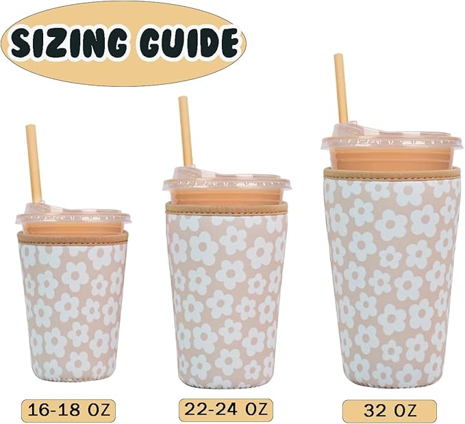 Reusable Insulated Neoprene Iced Coffee Cup Sleeve, Durable Drink Sleeve for Cold Beverages, Beverage Holder for Iced Coffee, Creamy Florals