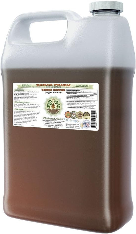 Hawaii Pharm Green Coffee Alcohol-Free Liquid Extract, Green Coffee (Coffea Arabica) Dried Bean Glycerite Natural Herbal Supplement 64 oz