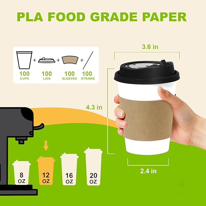 12 oz PLA White Disposable Cups 100 Packs Eco Conscious Leak Proof Sturdy for Hot Beverages Takeout