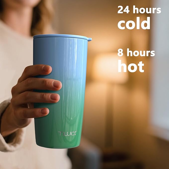 TILUCK 20 oz Tumbler with Lid, Vacuum Insulated Stainless Steel Coffee Mug, Double-Walled Travel Tumbler for Hot and Cold Drinks(GlitterGreenBlue, 20oz)