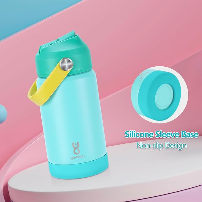 Kids Insulated Water Bottle with Straw Lid & Silicone Handle,12oz Kids Leak Proof Water Bottle for School Boys Girls,Double Wall Vacuum Stainless Steel with Non-slip Silicone Base(Lake Blue)
