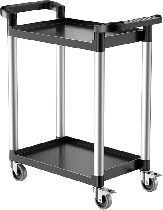 VEVOR Utility Cart, 300 lbs Load Capacity, 2-Tier Utility Plastic Cart with 360° Swivel Wheels (2 with Brakes), 24.4 x 16.1-inch Food Service Cart for Warehouse, Office, Home, Restaurant, Kitchen