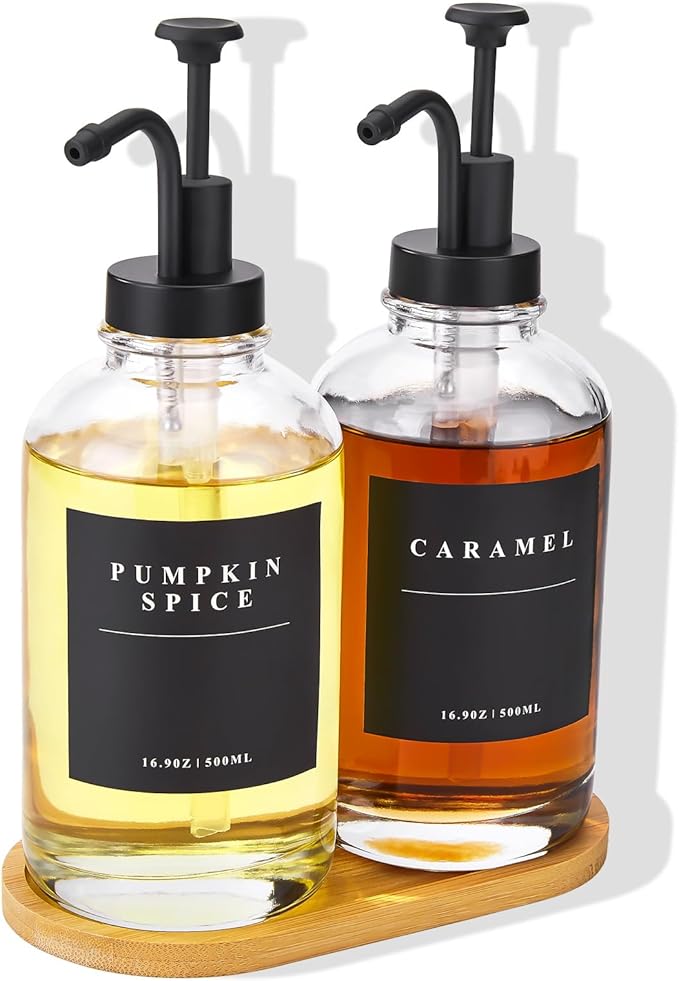 Coffee Syrup Dispenser for Coffee Bar, Coffee Syrup Pump Dispenser, Glass Syrup Bottle with Black Upgraded Pump, 2 Pack 16.9 oz 500 ml Syrup Dispensers, 28 Labels and Bamboo Tray