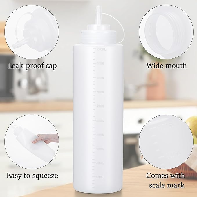 Katfort Condiment Squeeze Bottles Ketchup Dispenser, 4 Pack 32oz Squeeze Bottles for Liquids, Plastic Sauce Bottle with Cap Lid, Squirt Bottles for Sauces Liquids BBQ Dressing Pancake Art
