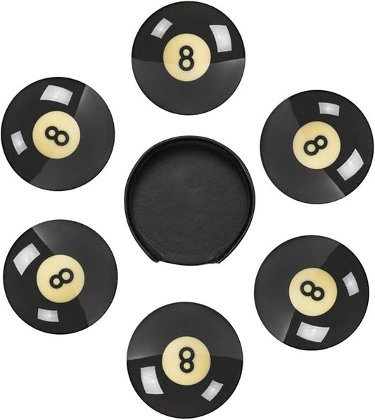 Black 8 Billiard Coasters for Drinks with Holder Round Leather Coasters Set of 6 Cups Mugs Mat Pad for Home Kitchen Bar