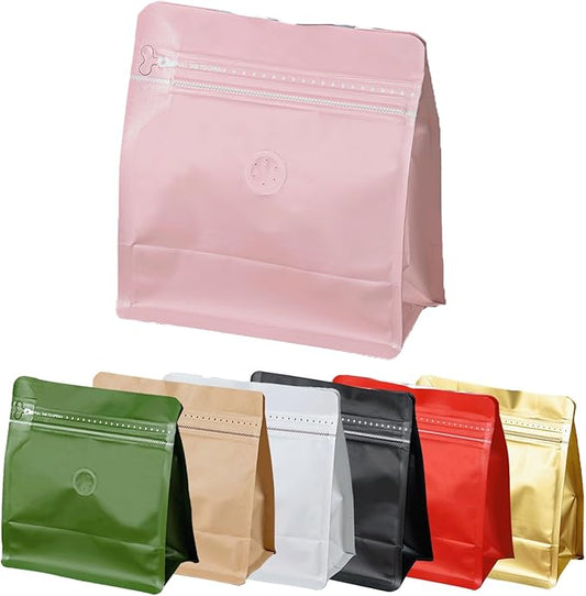 50 Pcs 0.5lb pink Sqaure Coffee Bean Bags with Valve, Easy Tear Open & Repeating Sealed Zipper, Heat-Seal Stand Up & Flat Bottom Coffee Bag, 8oz Capacity 7.6.1x6.5 Inch