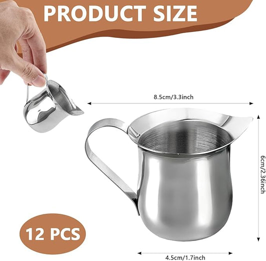 3 Oz Small Creamer Pitcher, Stainless Steel Bell Creamers, Mini Creamer Dispenser with Pouring Spout for Cream, Milk, Salad Dressing, Maple Syrup, 12Pack