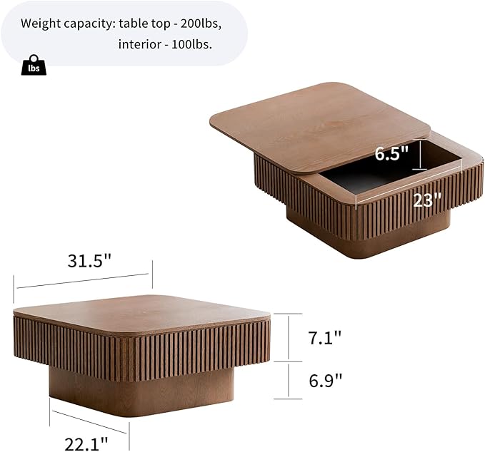 SZTHHDF Square Coffee Table for Living Room,Fluted Drum Accent Tea Center Table with Storage,Solid Wood Modern Coffee Tables for Small Space Office Apartment (31.5" L×31.5''W×14''H-Walnut)