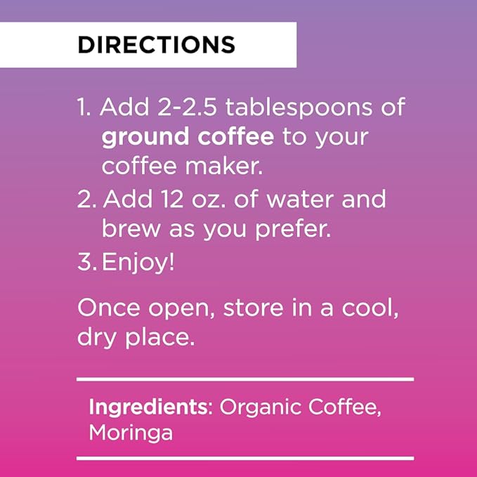 Livingood Daily Coffee with Moringa, Ground Medium Roast Coffee with Plant Based Ingredients for Morning Energy, Made with Moringa Powder, Organic, Non GMO, Vegan, Gluten Free, 20 Servings, 12 oz Bag