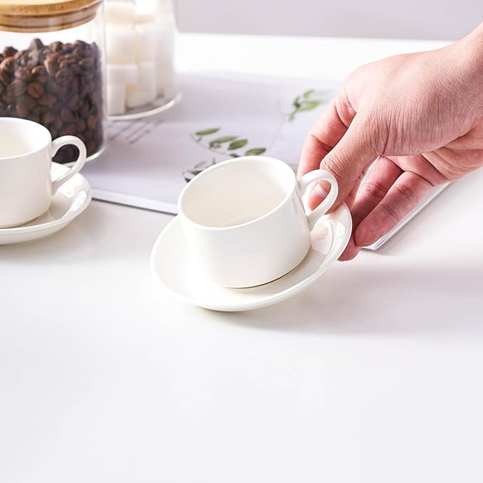Meichu 2.5oz Porcelain Stackable Espresso Cups with Saucers and Metal Stand Set of 4, Stackable Espresso Cups Set of 4, White Expresso Shots Cup Set for Cappuccino, Coffee Drinks, Latte, Tea