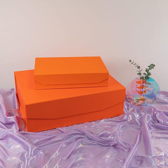 Upgrade 5Pcs Orange Extra Large Gift Boxes with Lid, 16.5 x13 x5 Inches, Hard Magnetic Gift Boxes for Presents, Wedding Dress Box Storage, Reusable Foldable Bridesmaid Box
