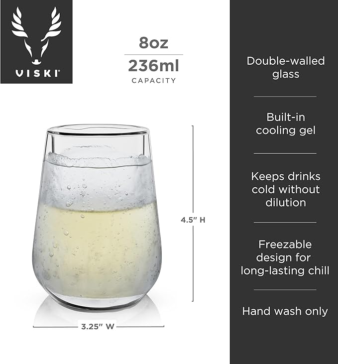 Viski Glacier Wine Glass, Double Walled Chilling Wine Glass, Active Cooling Gel, 8 Ounces, Clear Glass, Chilling Technology, Set of 1
