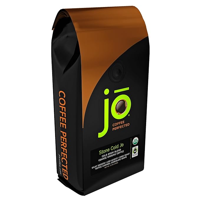 STONE COLD JO: 12 oz, Cold Brew Coffee Blend, Dark Roast, Coarse Ground Organic Coffee, Silky Smooth Low Acidity, Certified Organic, Fair Trade Certified, Great French Press Hot Brew by Jo Coffee®