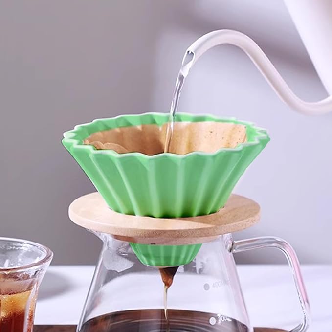 Ceramic Coffee Dripper with Wood Cup Stand Pour Over Coffee Maker Elegant Flower-shape V60 Strainer for 1-2 Cups Slow Brewing Accessories for Home Coffee Shops Restaurants Green