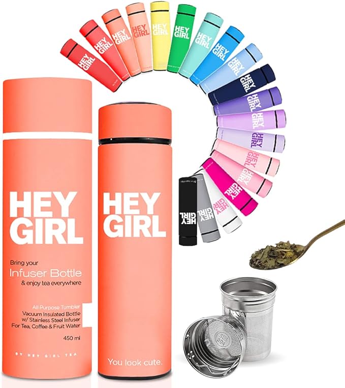 Hey Girl Tea Infuser Bottle 450ml - Insulated Stainless Steel Water Bottle - Tea Tumbler with Tea Diffuser - Portable Travel Mug for Loose Leaf Tea & Infused Water - Tea Lovers Gifts for Women