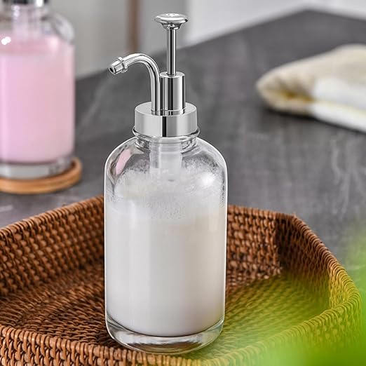 MUSISALY 2pcs Glass Syrup Pump Dispenser Bottles with Silver Pump Glass Coffee Syrup Pourer for Kitchen and Coffee Bar Multipurpose Condiment Dispensers Jam Honey