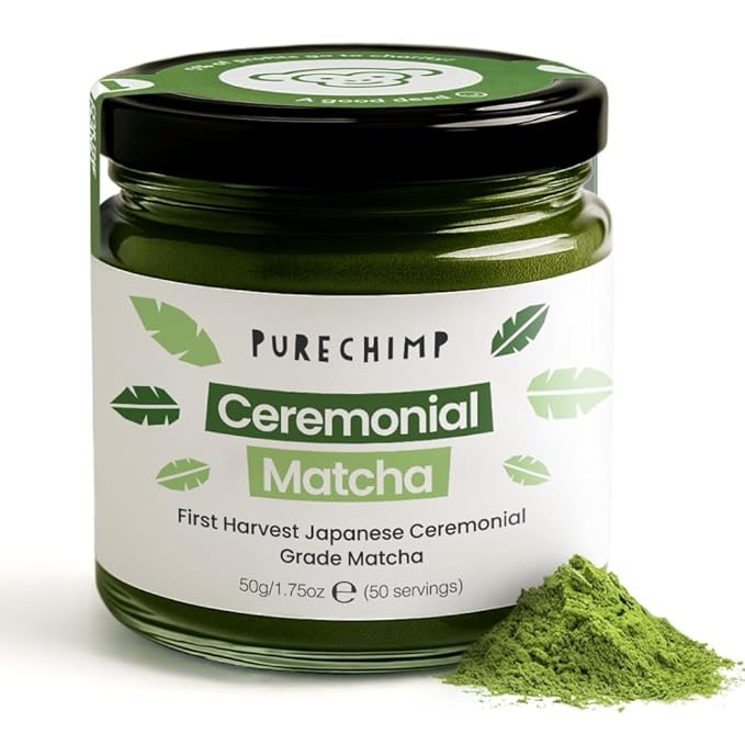 PureChimp Ceremonial Grade Matcha Powder 1.75oz. Pure Japanese Matcha Ceremonial Grade Tea, Shade-Grown in Kagoshima. Antioxidant-Rich Green Tea Powder for Lattes. Recyclable Glass Jar, Unsweetened