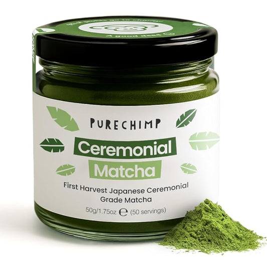 PureChimp Ceremonial Grade Matcha Powder 1.75oz. Pure Japanese Matcha Ceremonial Grade Tea, Shade-Grown in Kagoshima. Antioxidant-Rich Green Tea Powder for Lattes. Recyclable Glass Jar, Unsweetened