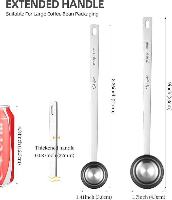 Ugotit 304 Stainless Steel Coffee Scoop, Long Handle Measuring Scoop for Ground Coffee, Engraved TBSP/ML, Dishwasher Safe (1 Tbsp & 2 Tbsp)