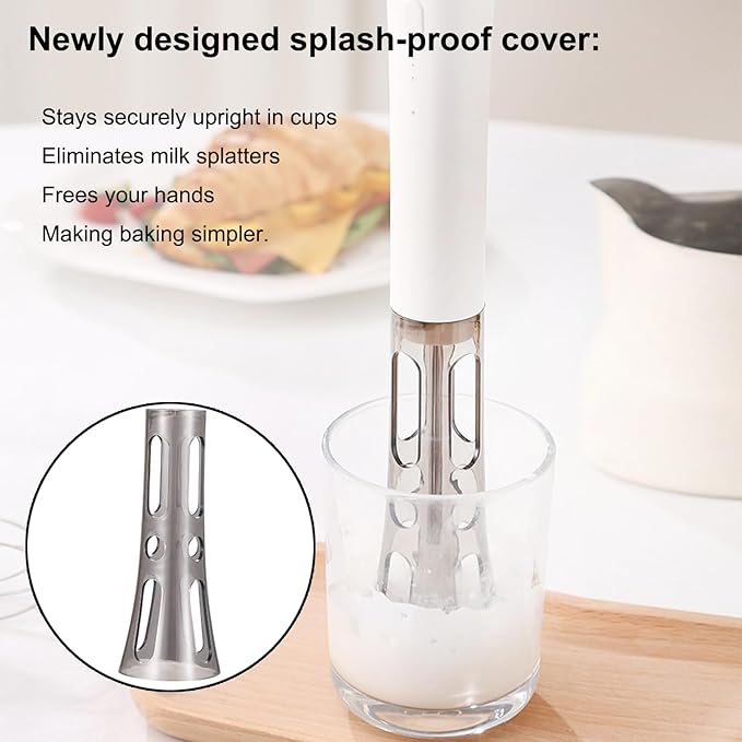 Splash-Proof Handheld Milk Frother with Cover - Rechargeable Milk Frother Wand, Type-C Fast Charging, 15-Second Silent Whisk for Coffee, Matcha, Lattes, Cappuccino