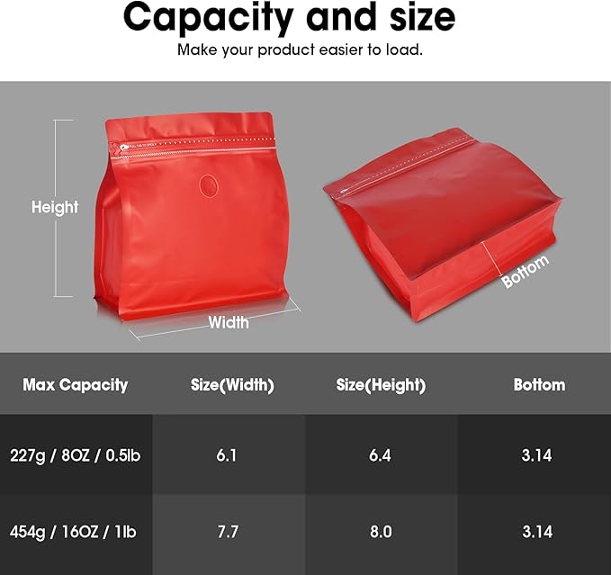 50 Count 16oz Coffee Bags with Valve,1lb Vented Coffee Beans Packaging Bags High Barrier Aluminumed Foil Flat Bottom Heat Sealed Side Zipper Resealable Storage Bag for Home or Business(Red）