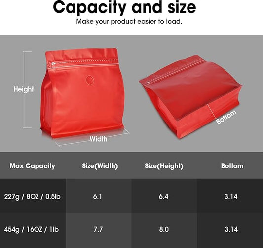 50 Count 8oz Coffee Bags with Valve,1/2 lb Vented Coffee Beans Packaging Bags High Barrier Aluminumed Foil Flat Bottom Heat Sealed Side Zipper Resealable Storage Bag for Home or Business(Red）