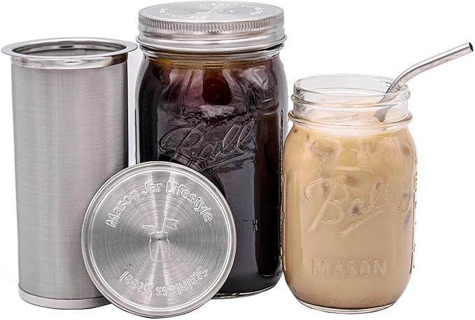 32oz Quart Cold Brew Coffee and Tea Maker Stainless Steel Filter for Mason Jars With Lid and 2 Silicone Seals (No Jar)