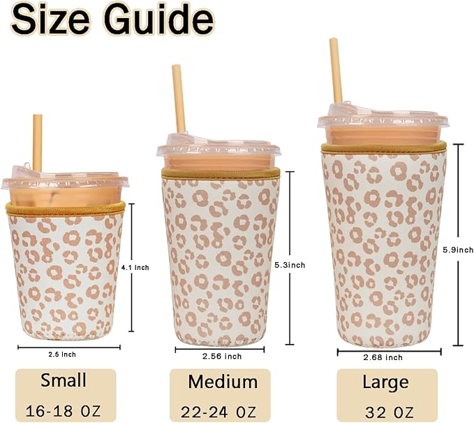 Reusable Insulated Sleeve for Iced Coffee Cup, Coffee Neoprene Sleeve for Cold & Hot Drinks, Beverage Holder for Iced Coffee (Leopard Grace, Small: 16-18oz)