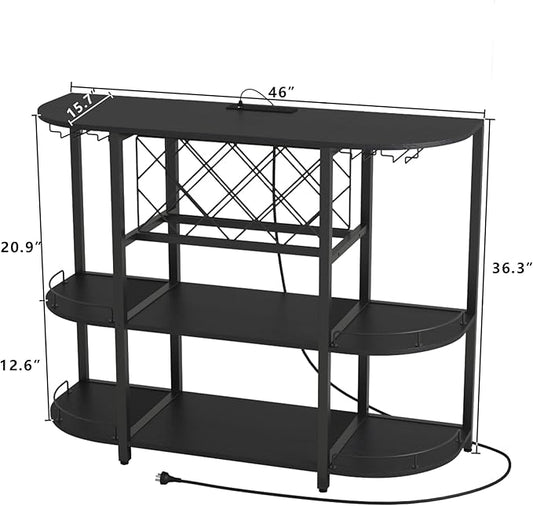 Wine Cabinet Coffee Table with Power Socket and LED Light, Three Tiers Coffee Bar Table Wine Rack Liqour Bar with Large Storage for Home Kitchen (Black)
