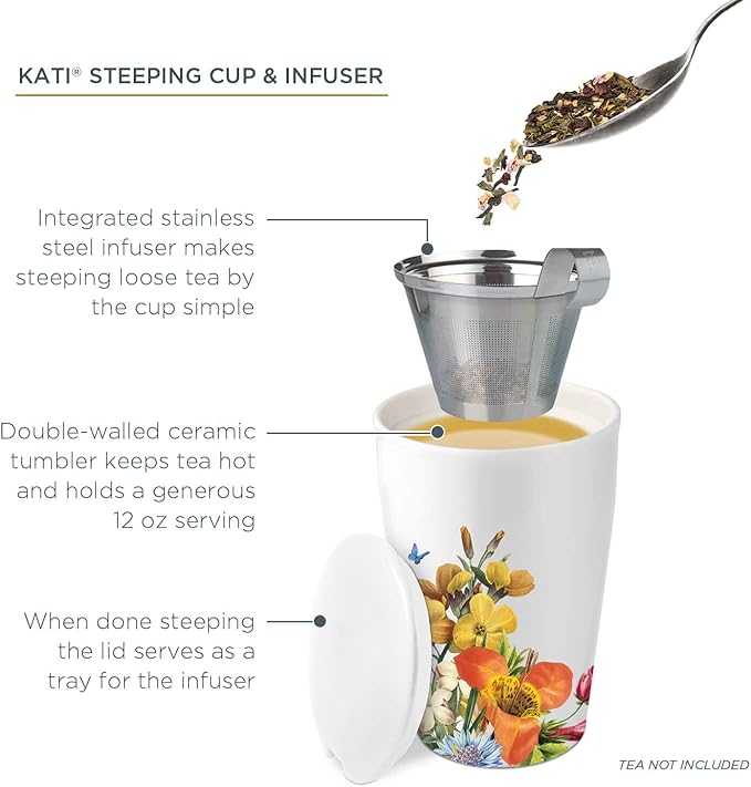 Tea Forte Double-Walled Ceramic Kati Cup, Removable Stainless Steel Infuser Basket and Lid, Steeps 12 oz Loose Leaf Tea, Dishwasher & Microwave Safe, Jubilee