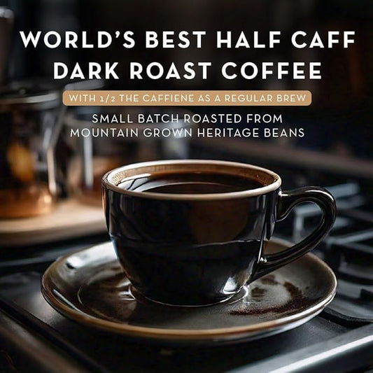 World's Best Half Caff Dark Roast Coffee Pods, 18 ct, Recyclable Single Serve Pods – 100% Arabica Coffee, Compatible with Keurig K Cups Maker