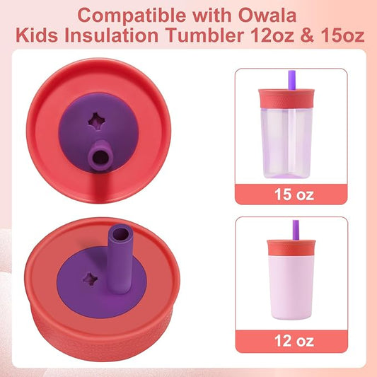 2 Pack Replacement Lids for Owala Kids Insulation Tumbler 12oz & 15oz, Spill Resistant Cap with 4 Flexible Straws, BPA-Free, Dishwasher Safe, Accessories for Owala Kids Bottle