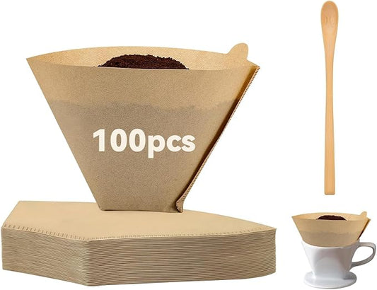 MACLUD 100 Count #4 Cone Coffee Filters 8-12 Cup with Coffee Stirring Spoons, Unbleached Natural Disposable Size 4 Coffee Filters Cone, Durable Tear-Resistant for Pour Over and Drip Coffee Machines