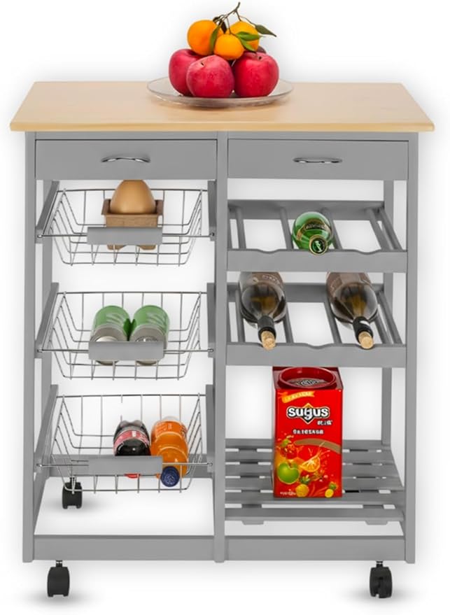 Kitchen Island Cart with Drawers, Lockable Wheels - Rolling Serving Utility Trolley - Mobile Countertop Open Shelf Storage Cabinet Basket for Dining Room, Coffee Bar (Grey)