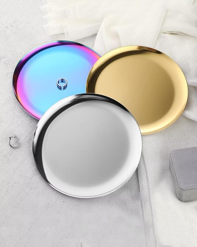 Serving Trays 7.9in Stainless Steel Decorative Tray Round Light Colour Tray for Kitchen Wedding Party Coffee Table