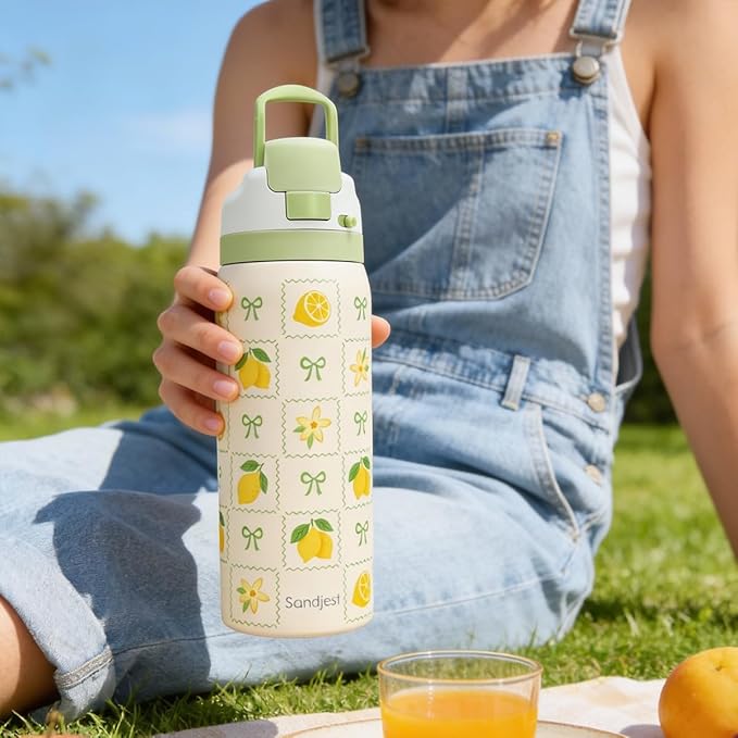 Lemon Stainless Steel Water Bottle, Vacuum Insulated, Push-Button Lid, 32 oz, Gifts for Women Girls Friends Teens Birthday Christmas